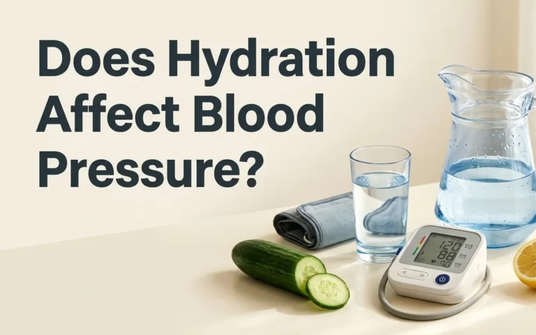 A glass of water, a pitcher, and a blood pressure monitor on a table with the headline Does Hydration Affect Blood Pressure.