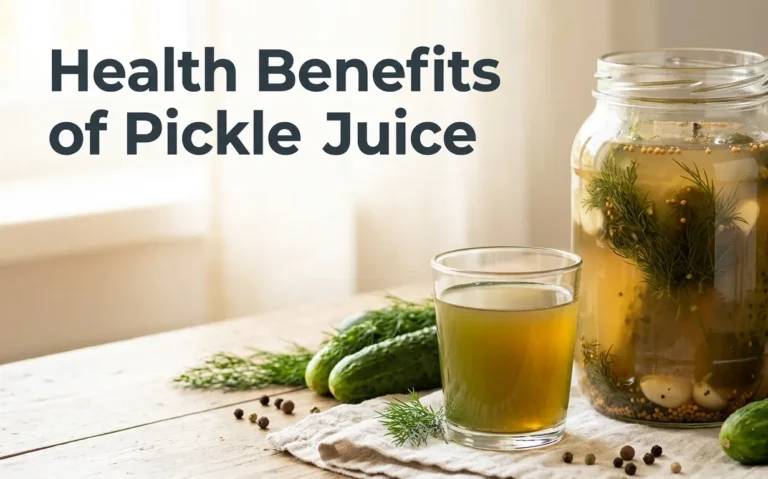 A jar of fermented pickles and a glass of pickle brine on a wooden table with the headline Health Benefits of Pickle Juice.