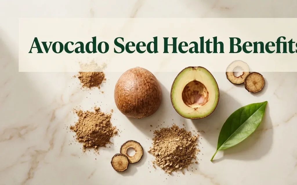 Avocado seed health benefits hero banner showing whole and cut avocado seed with ground powder and dried slices on marble surface.