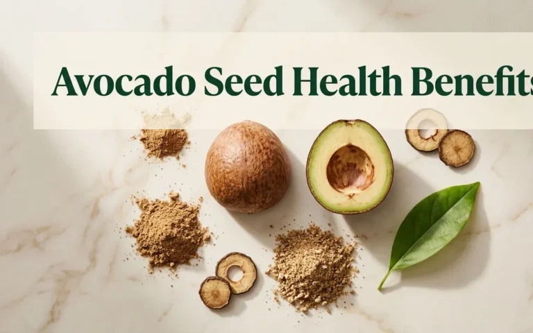 Avocado seed health benefits hero banner showing whole and cut avocado seed with ground powder and dried slices on marble surface.