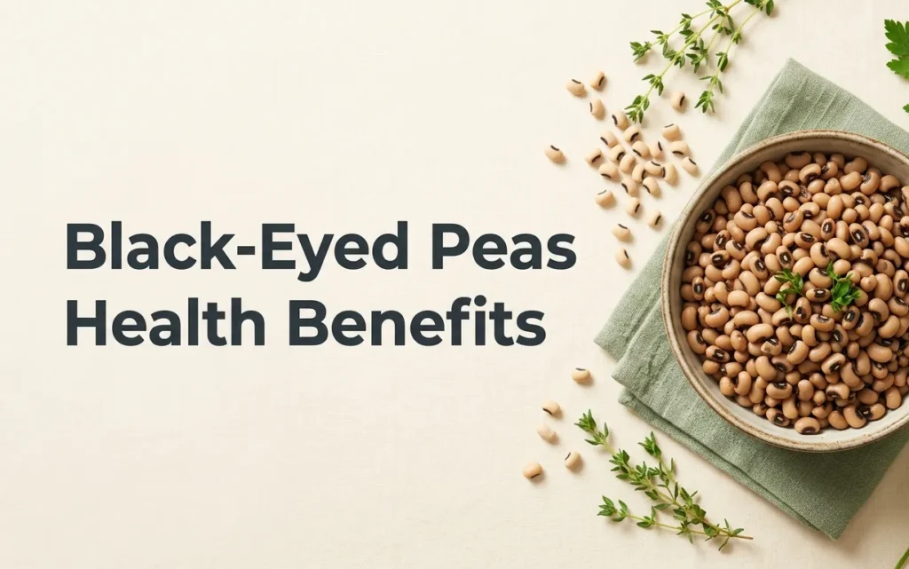 Black-eyed peas health benefits hero banner showing cooked black-eyed peas in a bowl on cream linen with nutrition headline text overlay.