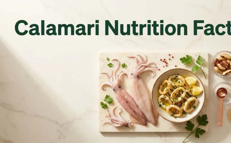 Calamari nutrition facts infographic showing fresh squid, grilled calamari rings, and key nutrients selenium and vitamin B12 on a marble surface.