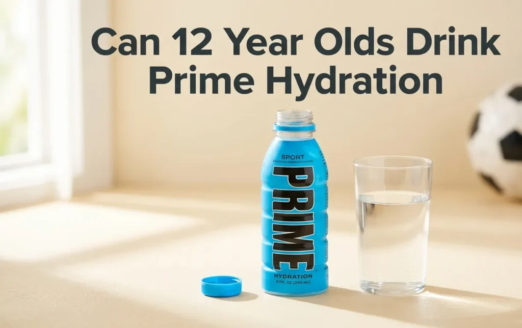 Can 12 year olds drink Prime Hydration hero banner showing Prime bottle beside water glass on cream surface with sports equipment in soft background focus.
