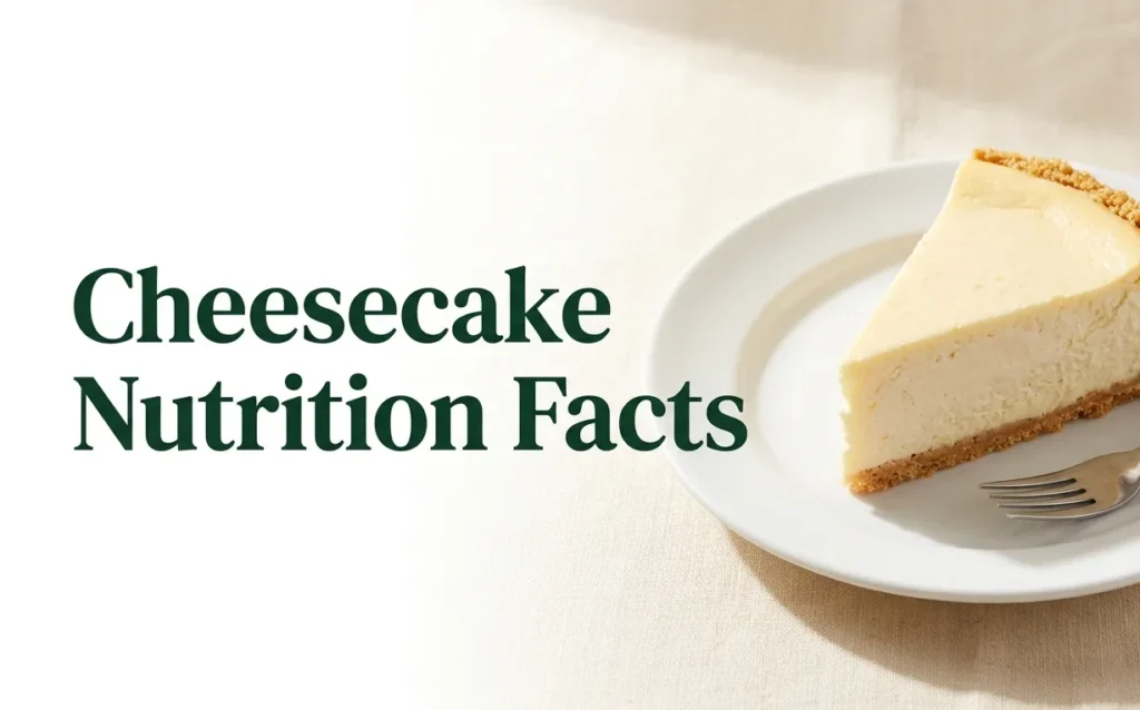 Cheesecake nutrition facts infographic showing a slice of plain cheesecake on a white plate with calorie and macro data text overlay.