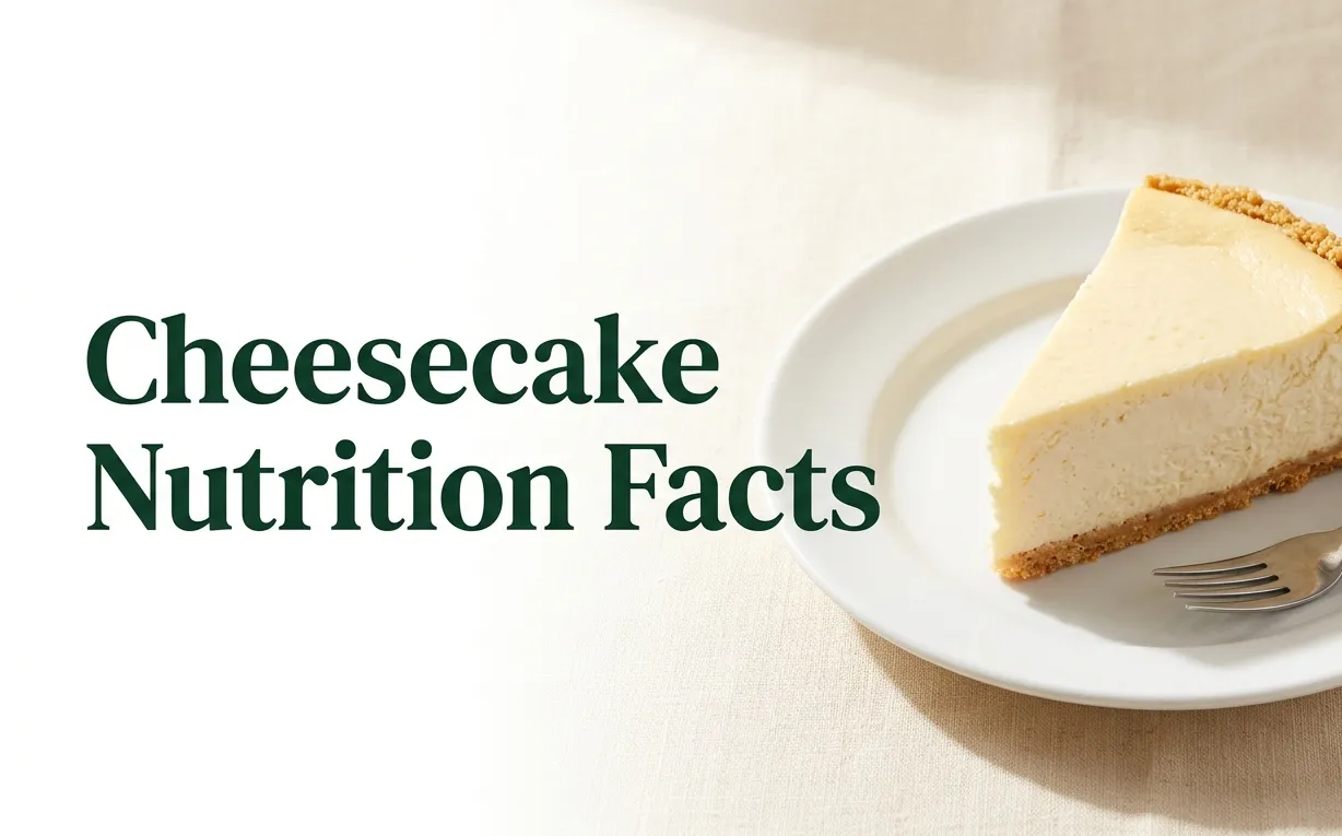 Cheesecake nutrition facts infographic showing a slice of plain cheesecake on a white plate with calorie and macro data text overlay.