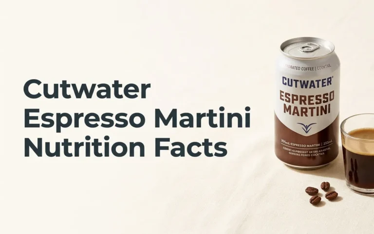 Cutwater Espresso Martini nutrition facts displayed next to a Cutwater can and a poured glass of the espresso martini cocktail on a neutral background.