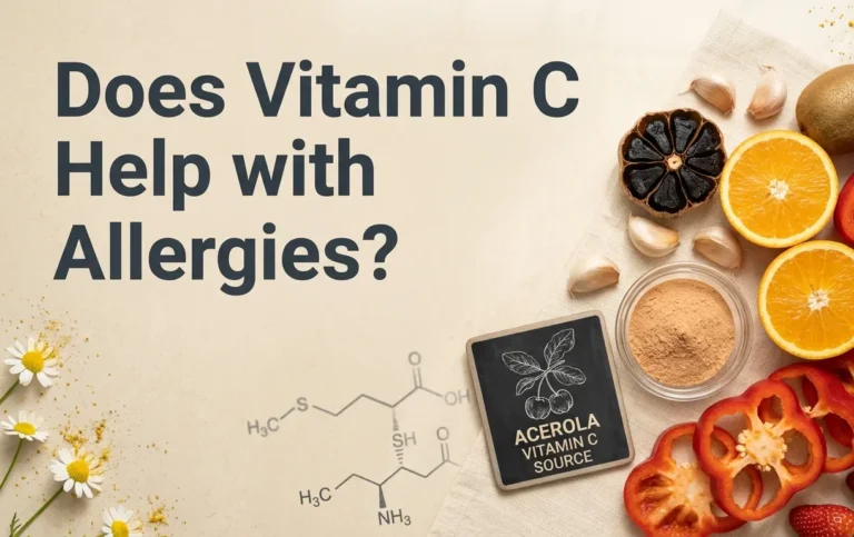 Does vitamin C help with allergies shown with fresh citrus fruits, bell peppers, and vitamin C-rich foods arranged on a neutral background.