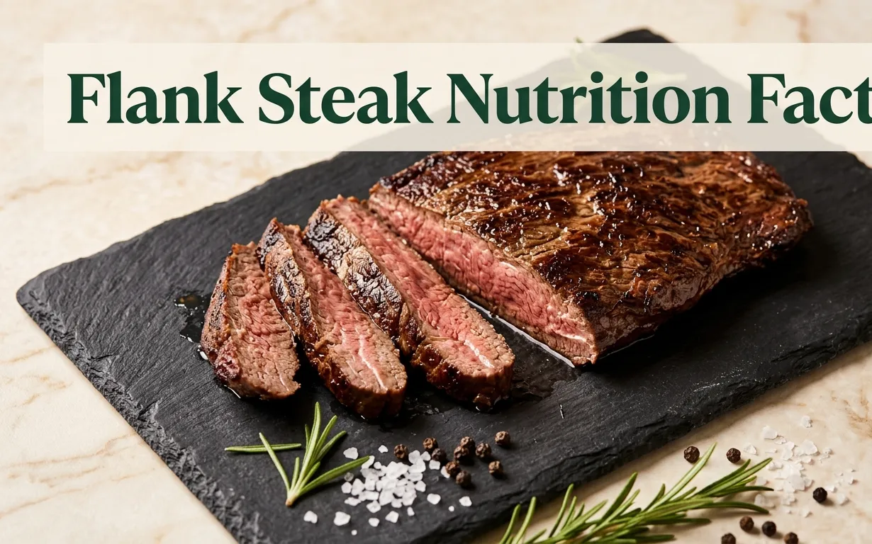 Flank steak nutrition facts hero banner showing sliced grilled flank steak with macro and nutrient callout text overlay.