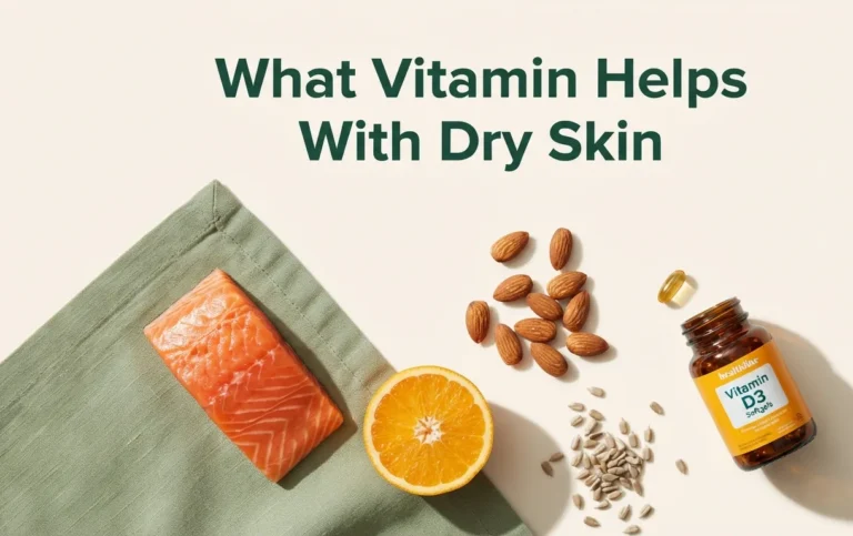 Flat-lay of salmon, almonds, orange, and vitamin D3 supplements with headline text What Vitamin Helps With Dry Skin in forest green on cream background.