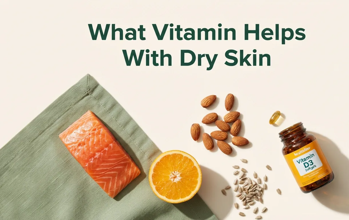 Flat-lay of salmon, almonds, orange, and vitamin D3 supplements with headline text What Vitamin Helps With Dry Skin in forest green on cream background.