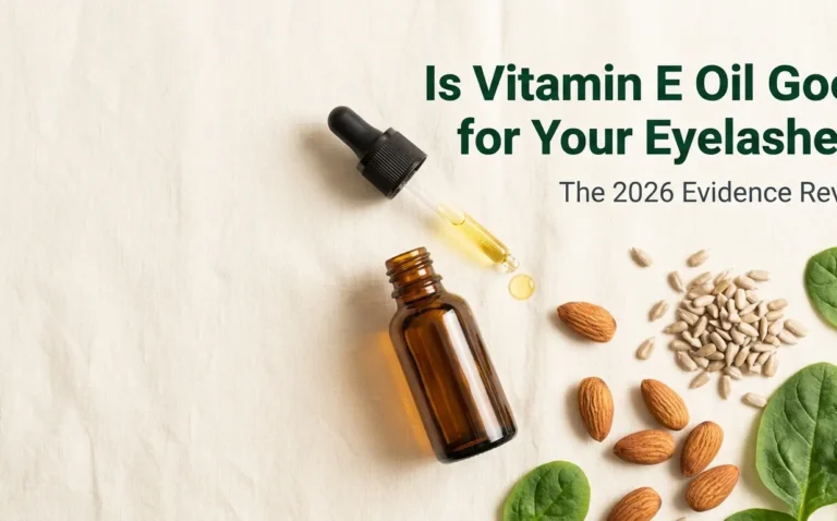 Flat-lay photo of vitamin E oil dropper bottle, almonds, sunflower seeds, and spinach leaves with the headline Is Vitamin E Oil Good for Your Eyelashes