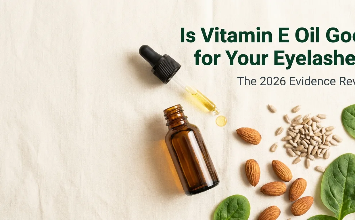 Flat-lay photo of vitamin E oil dropper bottle, almonds, sunflower seeds, and spinach leaves with the headline Is Vitamin E Oil Good for Your Eyelashes