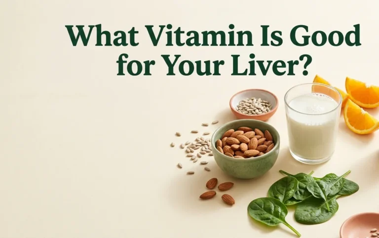 Foods and supplements that answer what vitamin is good for your liver, arranged on a cream background.