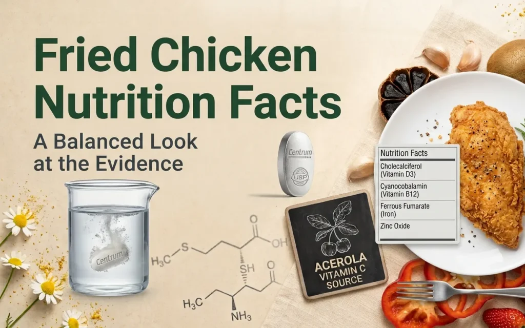 Fried chicken nutrition facts displayed alongside a piece of golden crispy fried chicken breast on a white plate with fresh herbs.