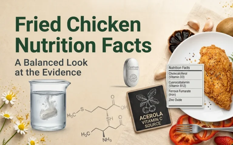 Fried chicken nutrition facts displayed alongside a piece of golden crispy fried chicken breast on a white plate with fresh herbs.