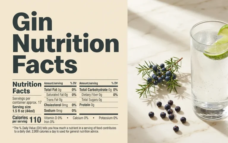 Gin nutrition facts hero banner showing a gin and soda highball with lime and juniper berries on marble with nutrition headline text overlay.