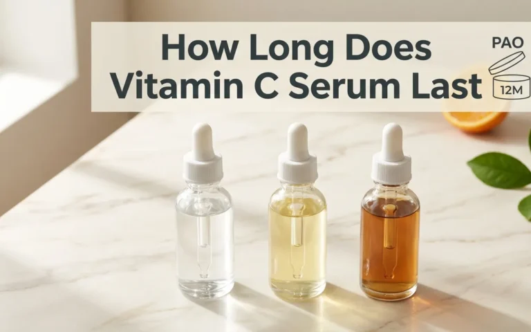 How long does vitamin C serum last hero banner showing three serum bottles .