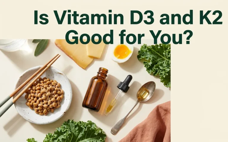 Is vitamin D3 and K2 good for you shown with supplement bottle, natto, aged cheese, egg, and kale on a warm cream background.