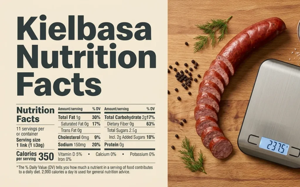 Kielbasa Nutrition Facts banner with sliced sausage on a cutting board and a digital scale displaying its weight, overlaid with bold title text.