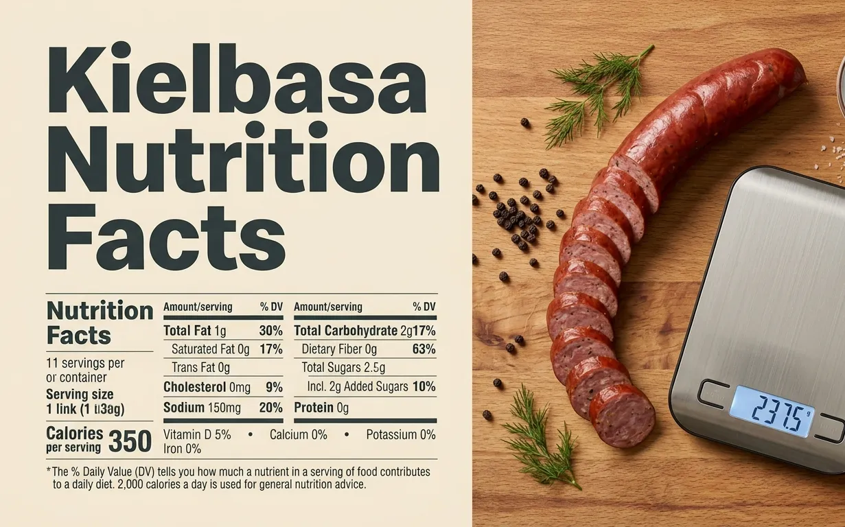 Kielbasa Nutrition Facts banner with sliced sausage on a cutting board and a digital scale displaying its weight, overlaid with bold title text.