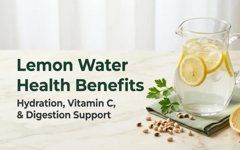 Lemon water health benefits banner featuring a glass pitcher of lemon water and fresh lemons on a cream surface with forest green title text overlay.