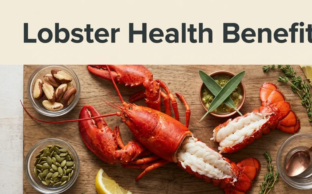 Lobster health benefits shown with a whole cooked lobster, extracted tail meat, and nutritional storytelling bowls for selenium, zinc, and copper.