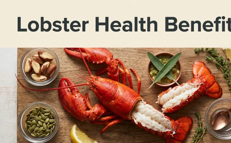 Lobster health benefits shown with a whole cooked lobster, extracted tail meat, and nutritional storytelling bowls for selenium, zinc, and copper.