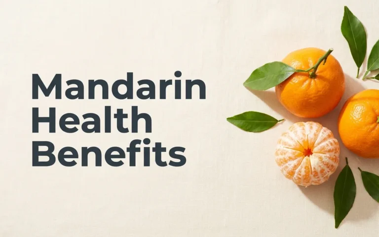 Mandarin health benefits hero banner showing fresh whole and peeled mandarin oranges on cream linen with visible white pith and nutrition headline text overlay.