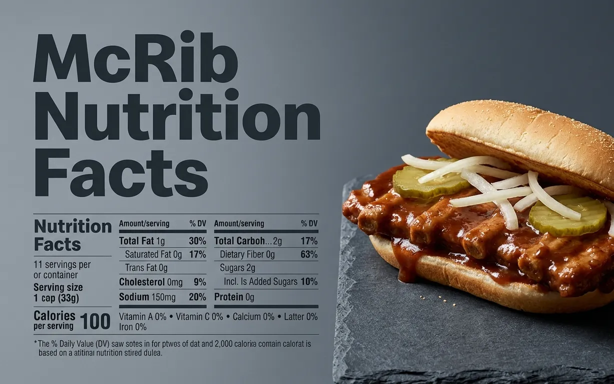 McRib nutrition facts hero banner showing an unwrapped McRib sandwich on a dark slate surface with headline text overlay for health analysis.