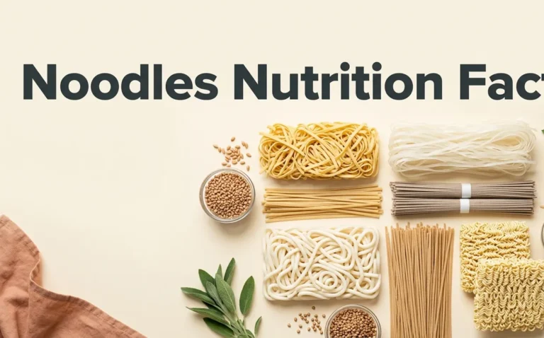Noodles nutrition facts comparison showing egg noodles, rice noodles, soba, udon, whole wheat, and ramen arranged on a cream background.