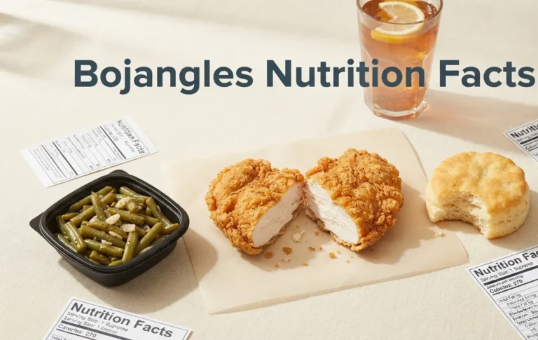 Overhead flat-lay of Bojangles chicken supreme, biscuit, and green beans with nutrition label graphics and title Bojangles Nutrition Facts in charcoal.