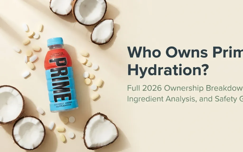 Overhead flat-lay of Prime Hydration bottle with coconut halves and electrolyte supplements, article title Who Owns Prime Hydration displayed as headline text.