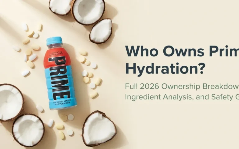 Overhead flat-lay of Prime Hydration bottle with coconut halves and electrolyte supplements, article title Who Owns Prime Hydration displayed as headline text.