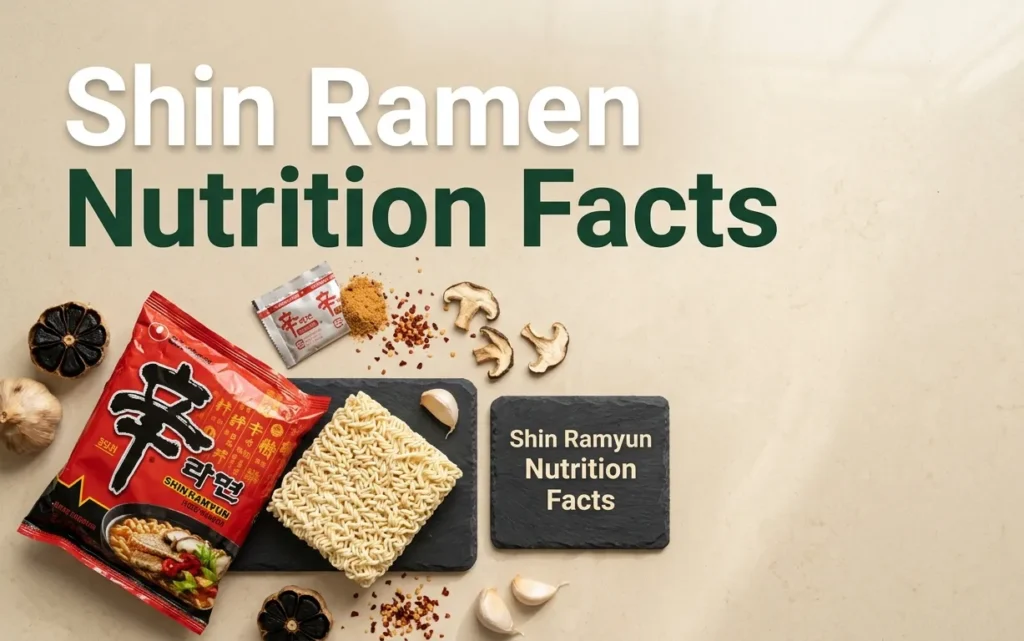 Overhead flat-lay of Shin Ramen package with noodle block and seasoning packet displayed for nutrition facts article hero banner.