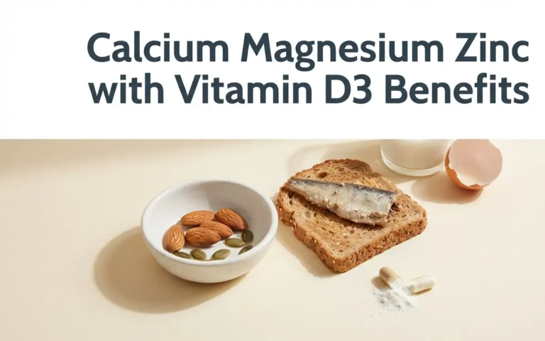 Overhead flat-lay of almonds, pumpkin seeds, sardine toast, and supplement capsule with title Calcium Magnesium Zinc with Vitamin D3 Benefits in charcoal text.