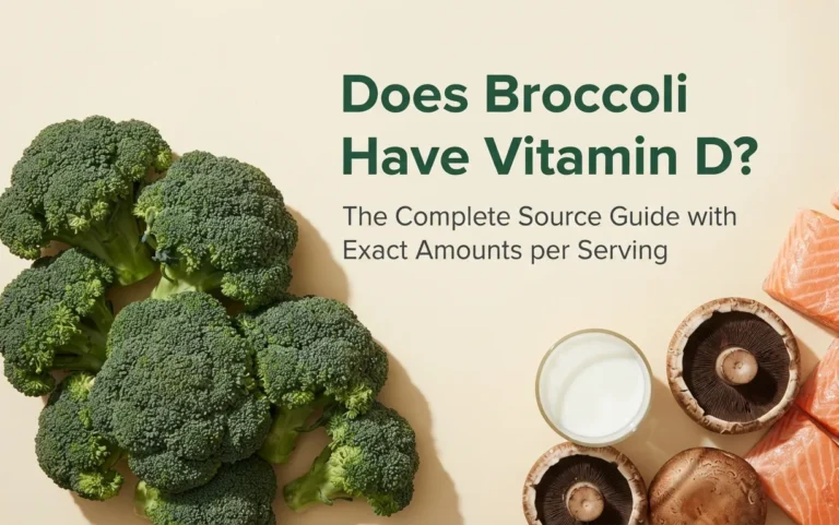 Overhead flat-lay of fresh broccoli, salmon, UV-exposed mushrooms, and milk with article title Does Broccoli Have Vitamin D displayed as headline text.