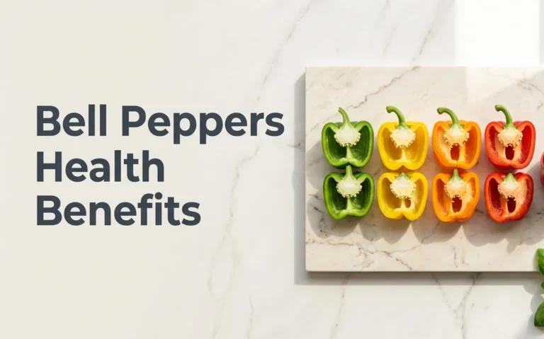 Overhead flat-lay of green, yellow, orange, and red bell peppers sliced in half on a marble surface with article title Bell Peppers Health Benefits overlaid on the left.