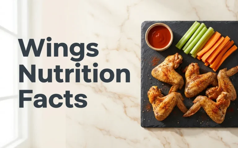 Overhead flat-lay of six baked chicken wings with celery and carrot sticks on a dark plate, with the article title Wings Nutrition Facts overlaid on the left side.