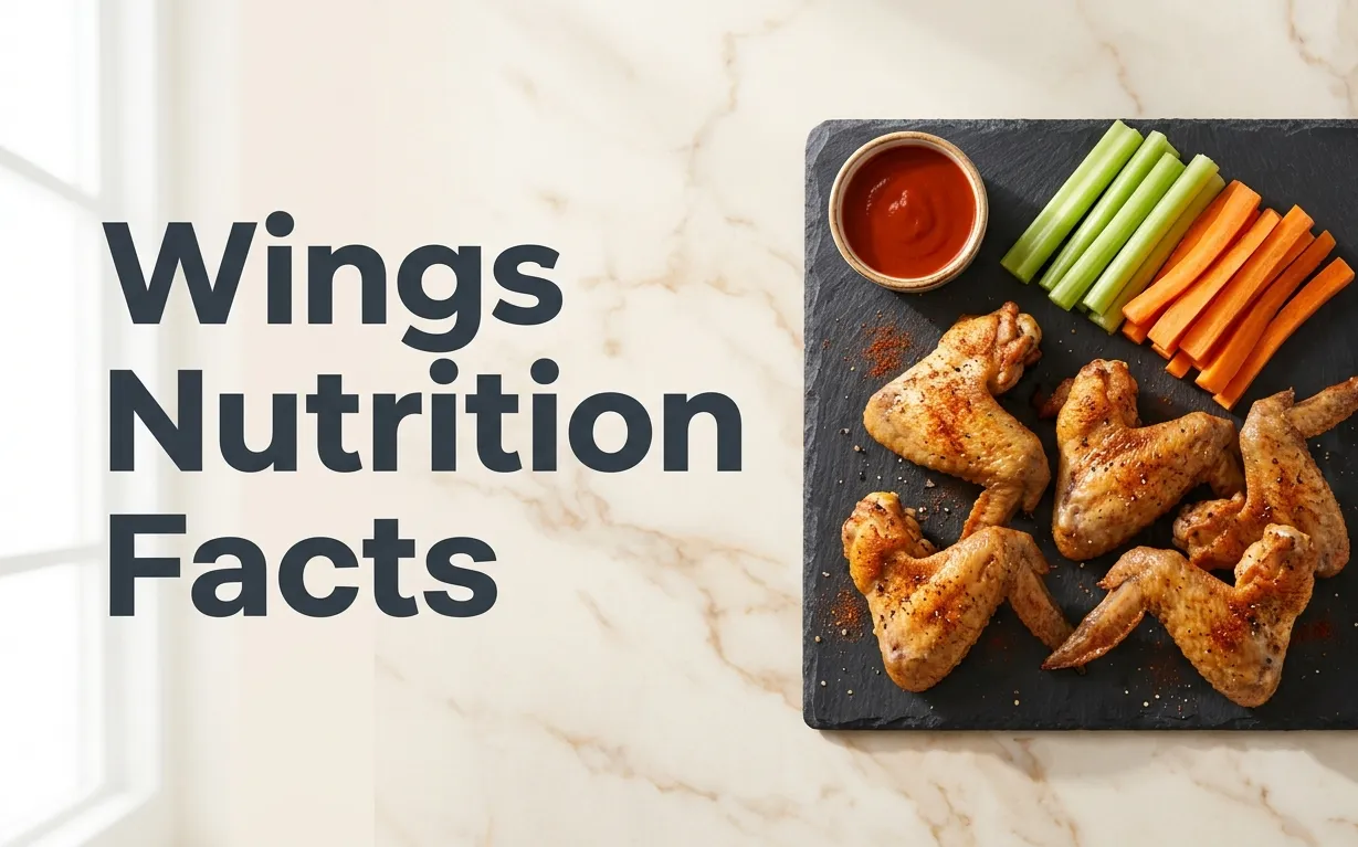 Overhead flat-lay of six baked chicken wings with celery and carrot sticks on a dark plate, with the article title Wings Nutrition Facts overlaid on the left side.