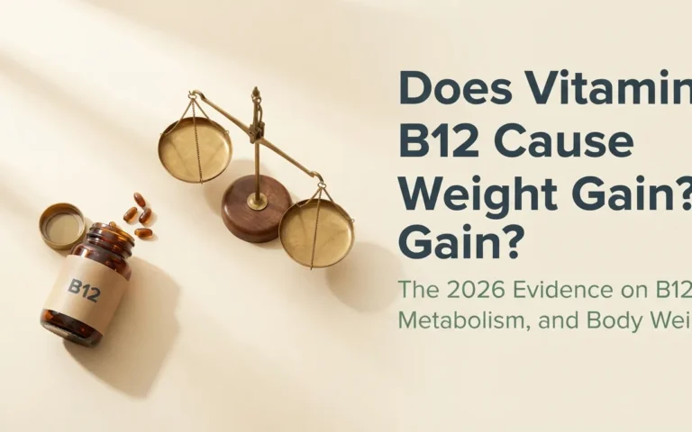 Overhead flat-lay of vitamin B12 supplements and balanced brass scale with article title Does Vitamin B12 Cause Weight Gain displayed as headline text.