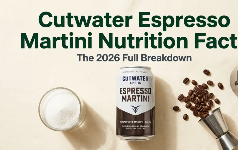 Overhead flat-lay photo of Cutwater Espresso Martini can with sugar teaspoons and coffee beans, headline Cutwater Espresso Martini Nutrition Facts