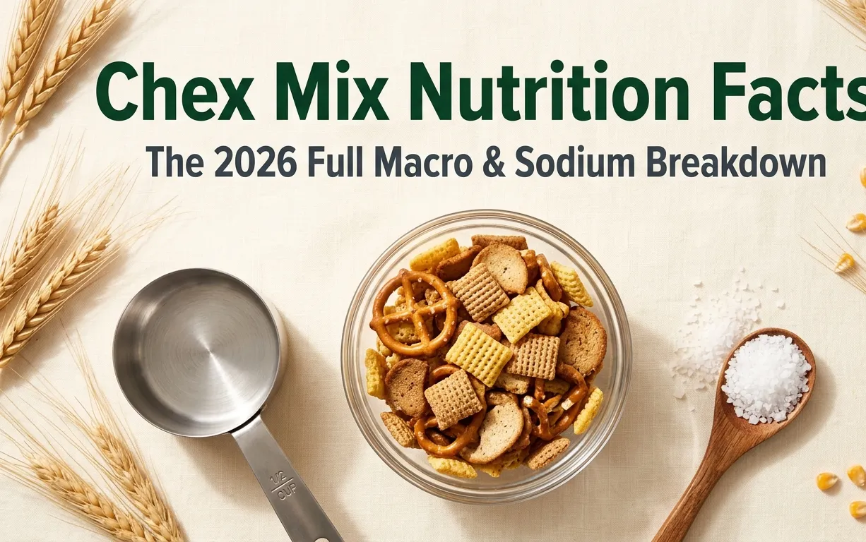 Overhead flat-lay photo of a measured half-cup serving of Chex Mix in a glass bowl with measuring cup, sea salt, and grain stalks, headline Chex Mix Nutrition Facts