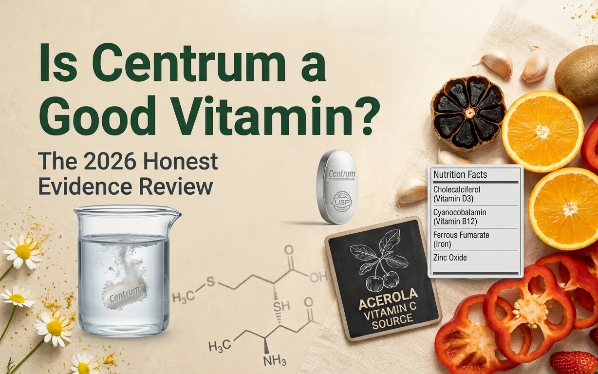 Overhead photo of Centrum tablet with dissolved tablet in beaker and nutrient card, headline Is Centrum a Good Vitamin in green text on cream background.