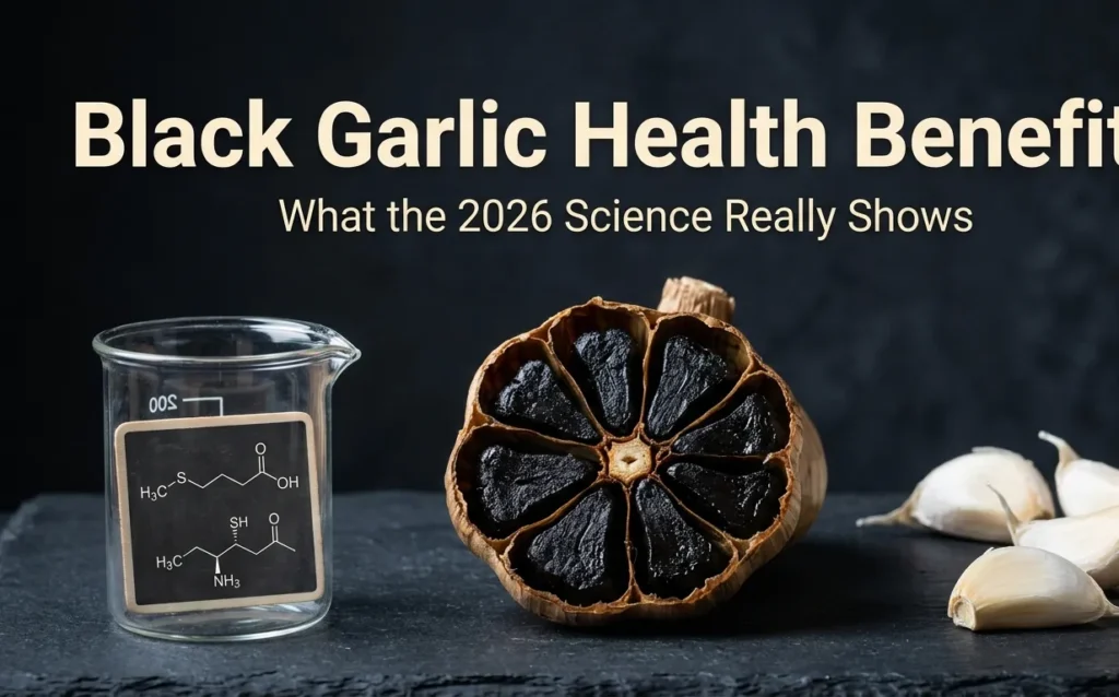 Overhead photo of black garlic head split open revealing glossy black cloves next to fresh white garlic on dark slate, headline Black Garlic Health Benefits in cream text.