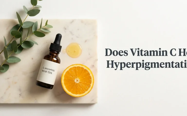 Overhead view of a dark amber vitamin C serum bottle labeled L-ascorbic acid and a sliced orange on marble, with article title Does Vitamin C Help Hyperpigmentation overlaid on the right.