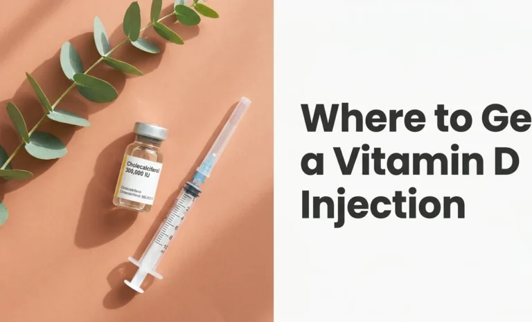 Overhead view of a sterile vitamin D injection vial labeled cholecalciferol and a safety syringe on a clean clinical surface,