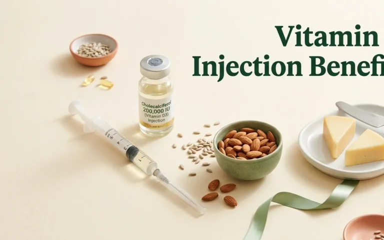 Vitamin D Injection Benefits banner showing cholecalciferol vial and syringe on a clean clinical surface with article title in forest green text overlay.