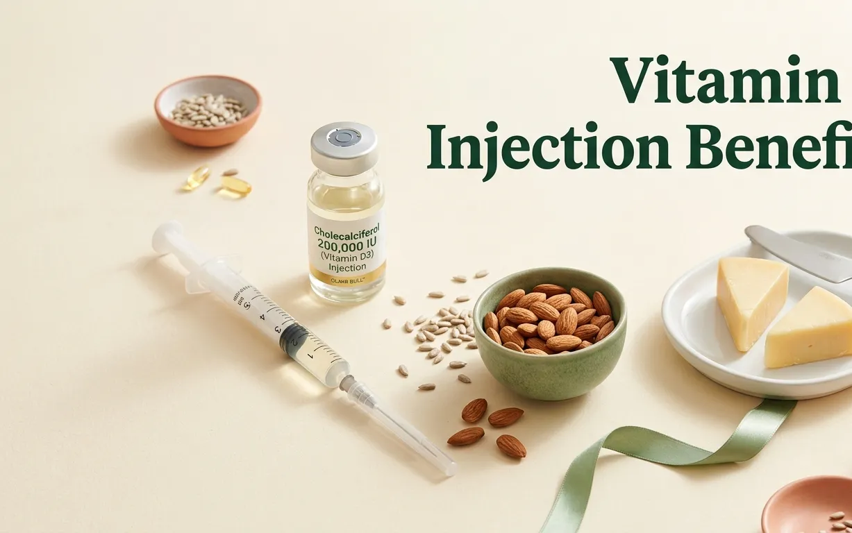 Vitamin D Injection Benefits banner showing cholecalciferol vial and syringe on a clean clinical surface with article title in forest green text overlay.