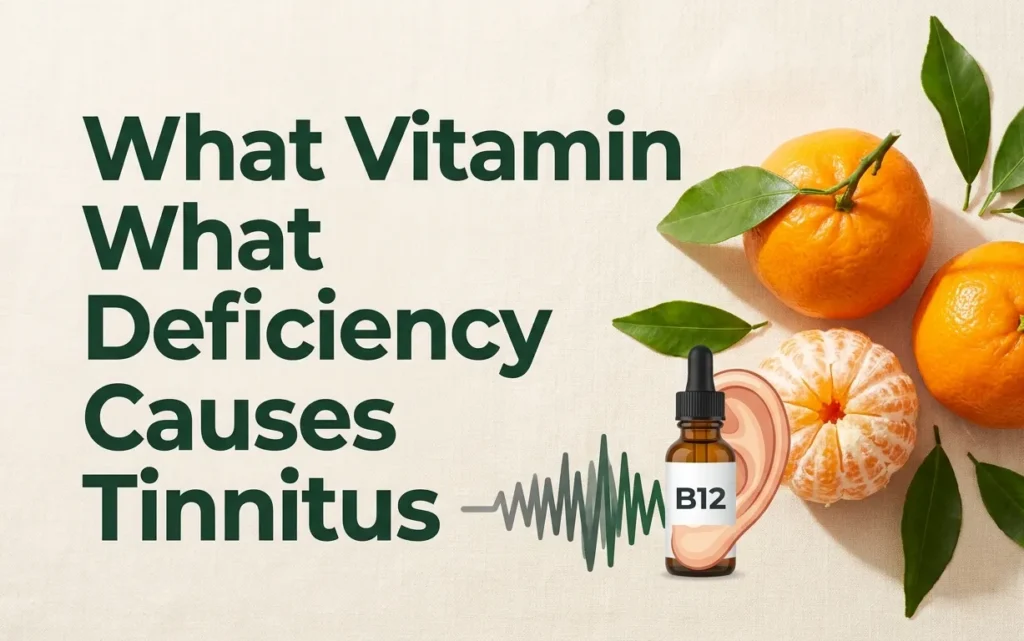 What vitamin deficiency causes tinnitus banner showing a B12 supplement bottle and human ear anatomical illustration on a cream background with forest green title text