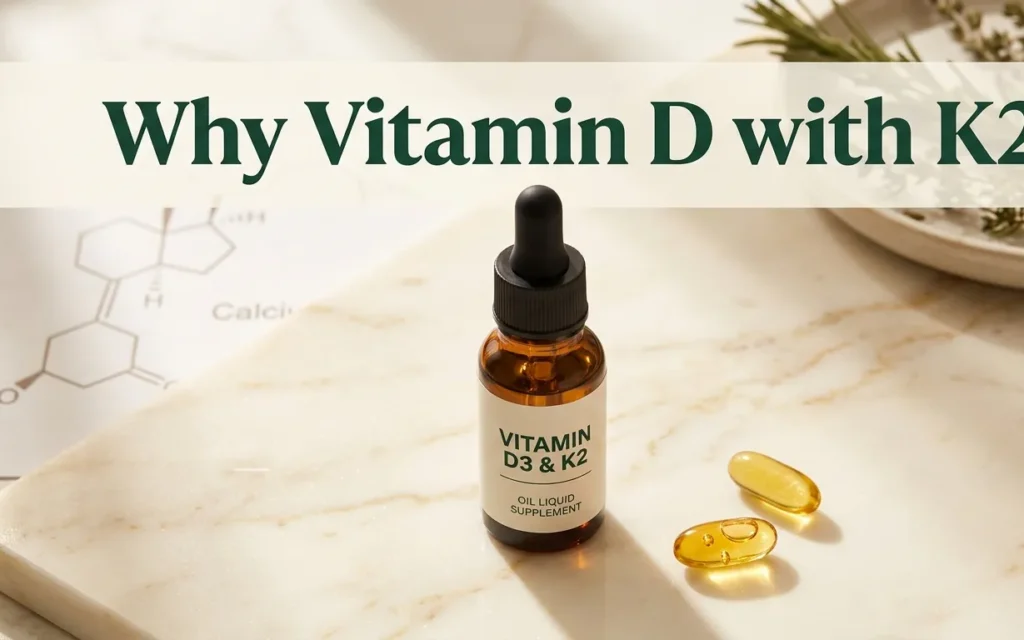 Why vitamin D with K2 supplement hero banner featuring amber dropper bottle and softgel capsules on marble surface with molecular diagram background.